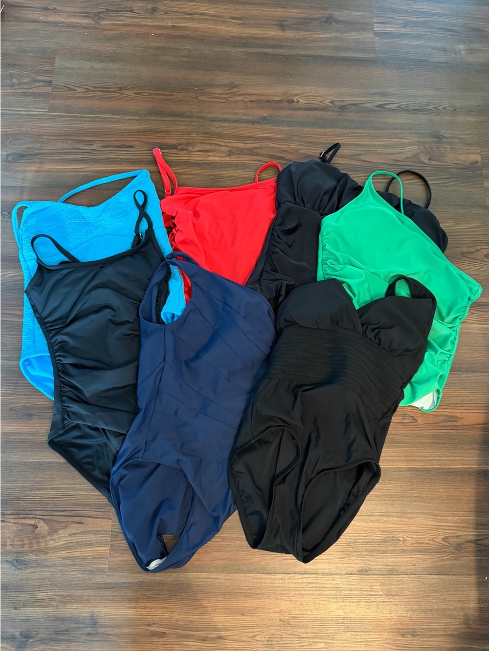 Lot of 7 Women's One-Piece Swimsuits in Blue, Black, Red & Green